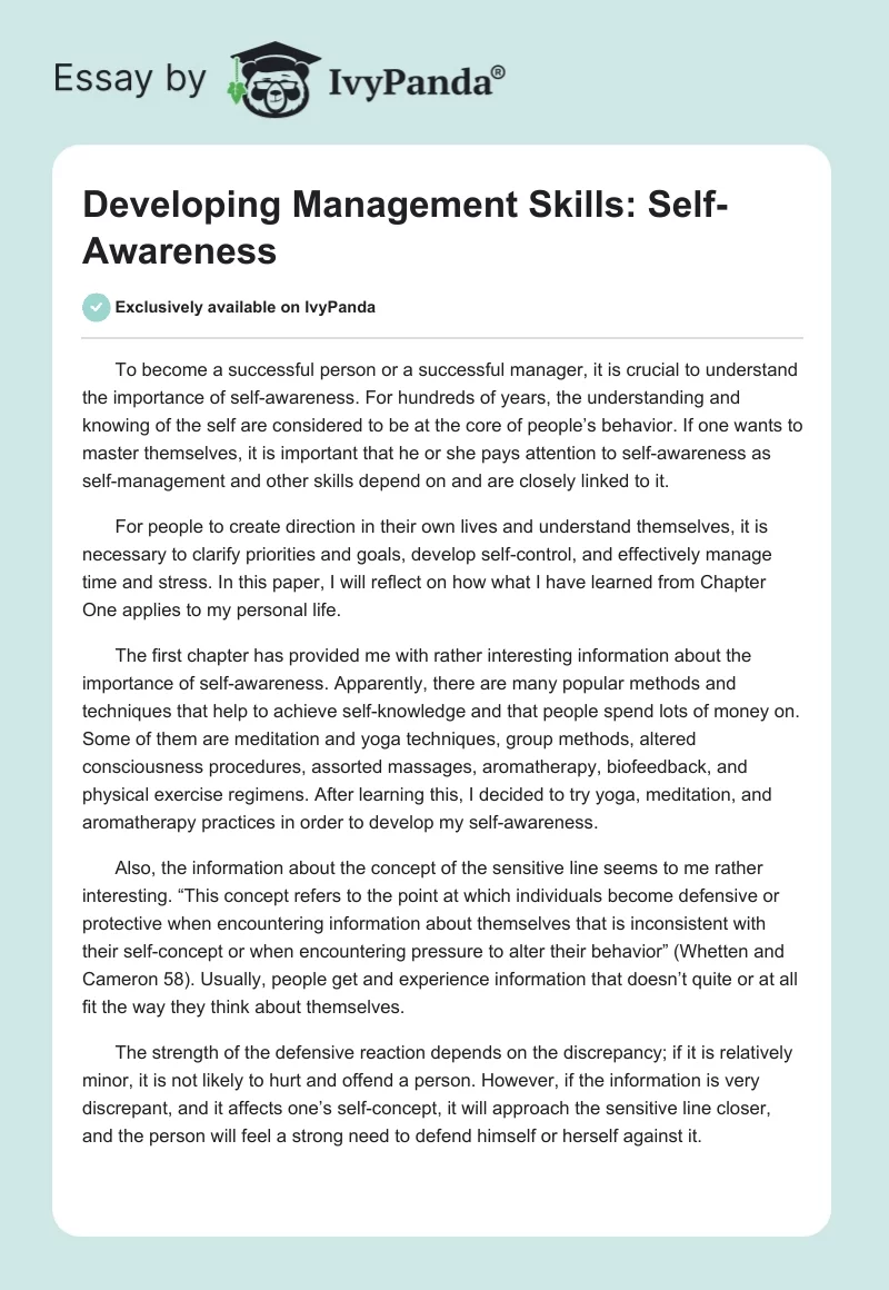Developing Management Skills: Self-Awareness. Page 1