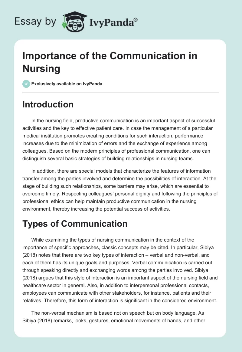 Importance of the Communication in Nursing. Page 1