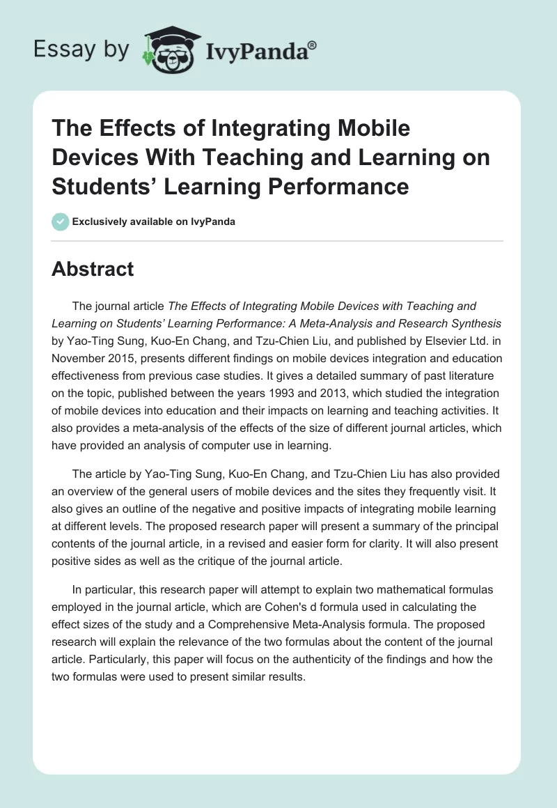The Effects of Integrating Mobile Devices With Teaching and Learning on Students’ Learning Performance. Page 1