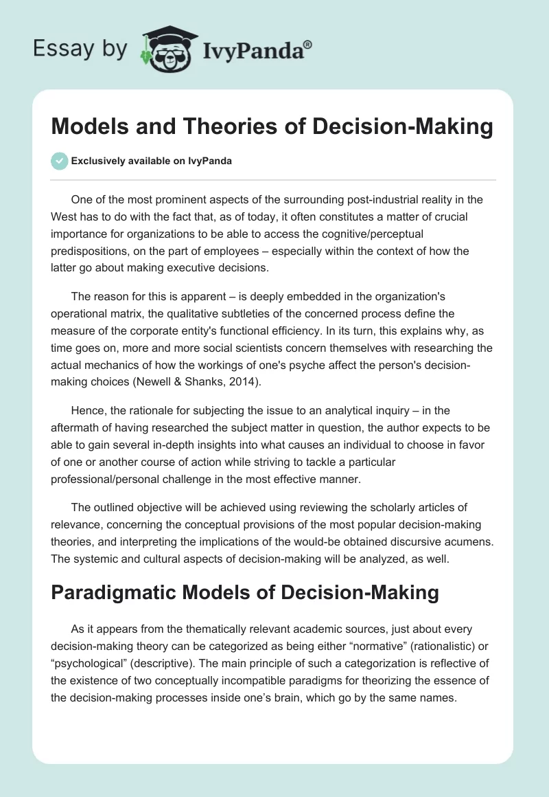 Models and Theories of Decision-Making. Page 1