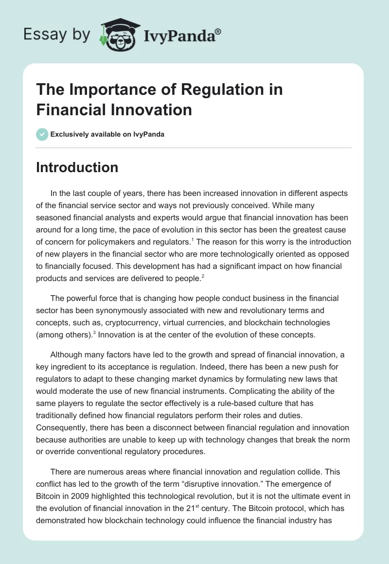 The Importance of Regulation in Financial Innovation. Page 1