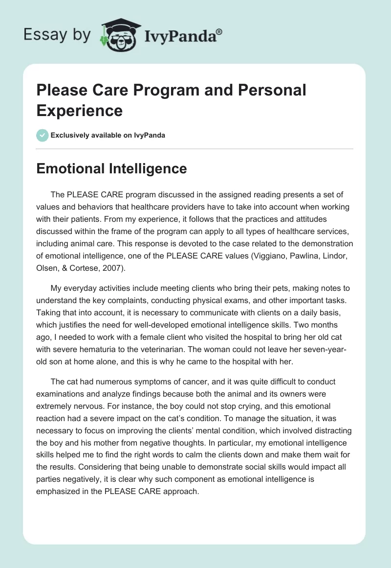 "Please Care" Program and Personal Experience. Page 1