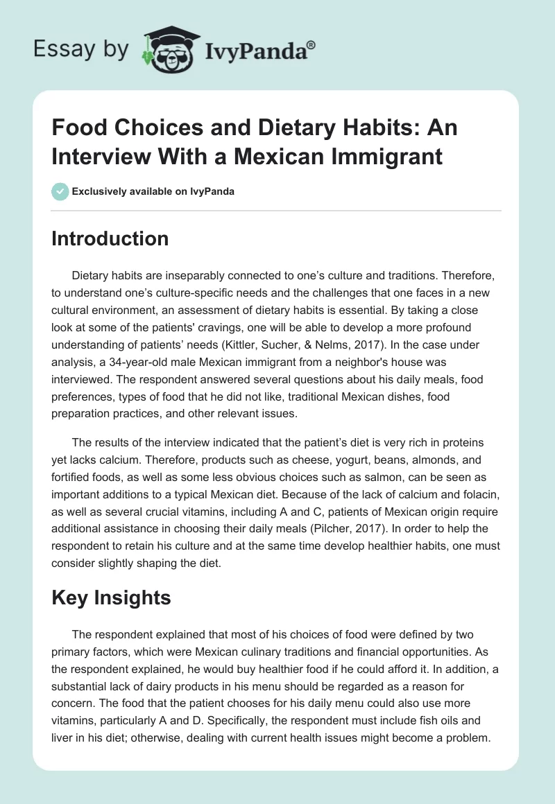 Food Choices and Dietary Habits: An Interview With a Mexican Immigrant. Page 1