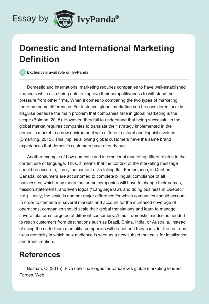 Domestic and International Marketing Definition. Page 1