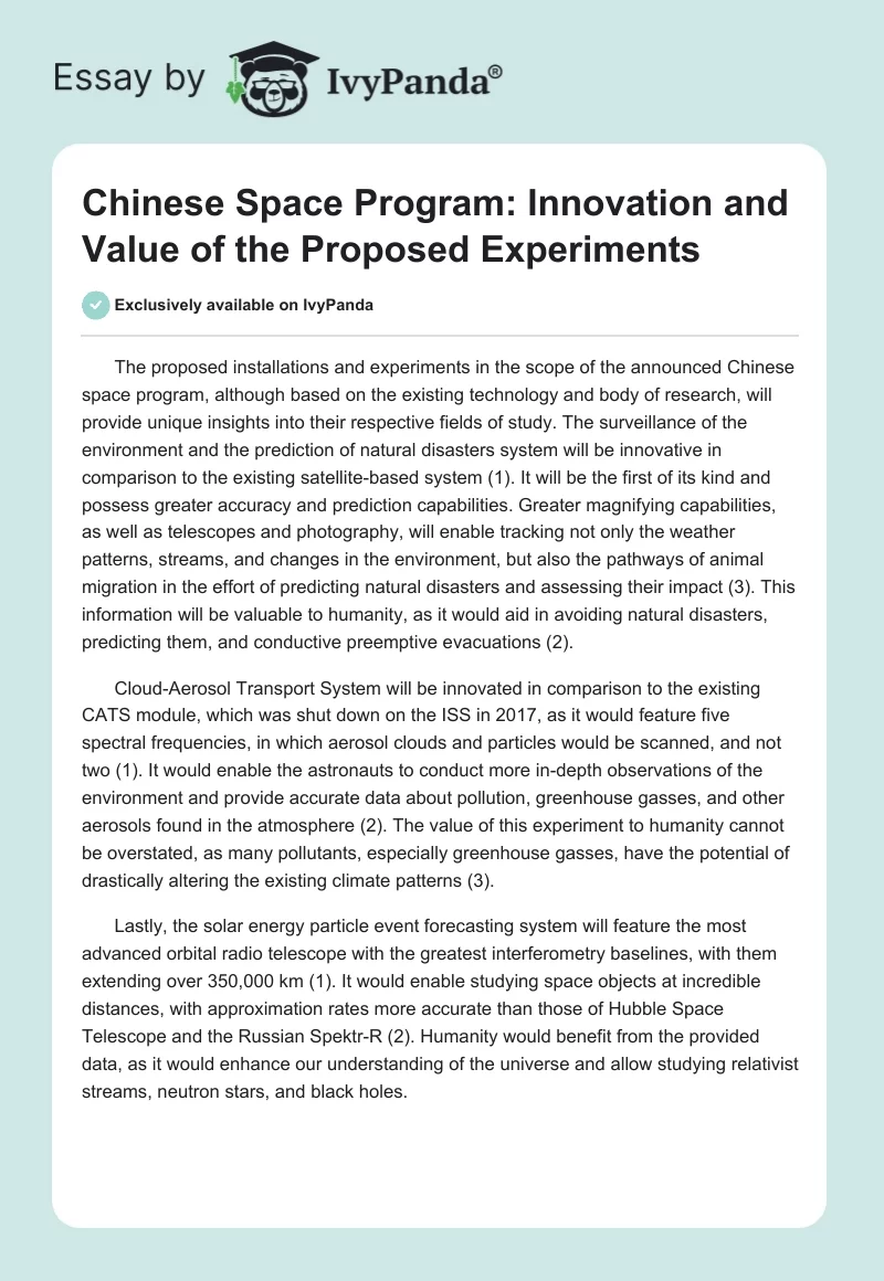 Chinese Space Program: Innovation and Value of the Proposed Experiments. Page 1