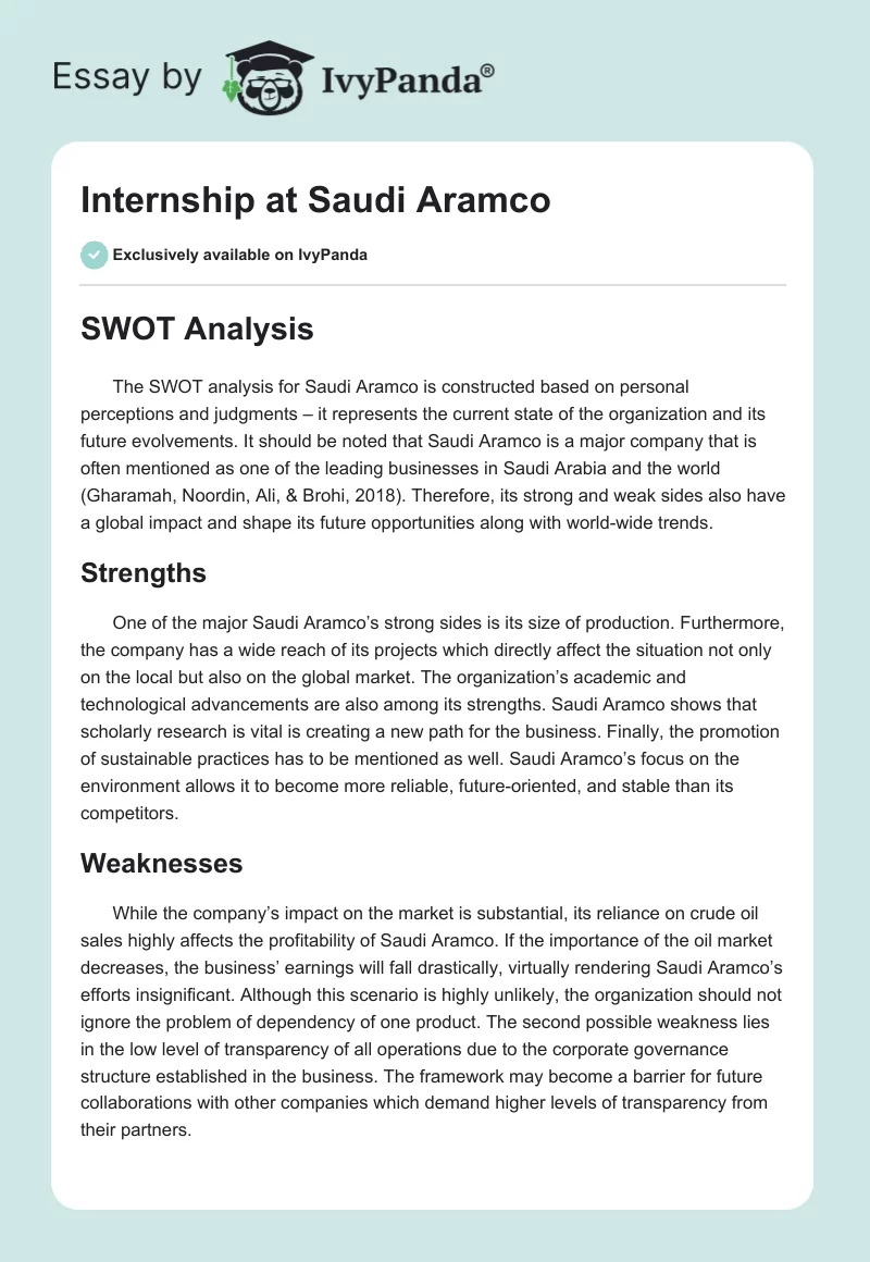 Internship at Saudi Aramco. Page 1