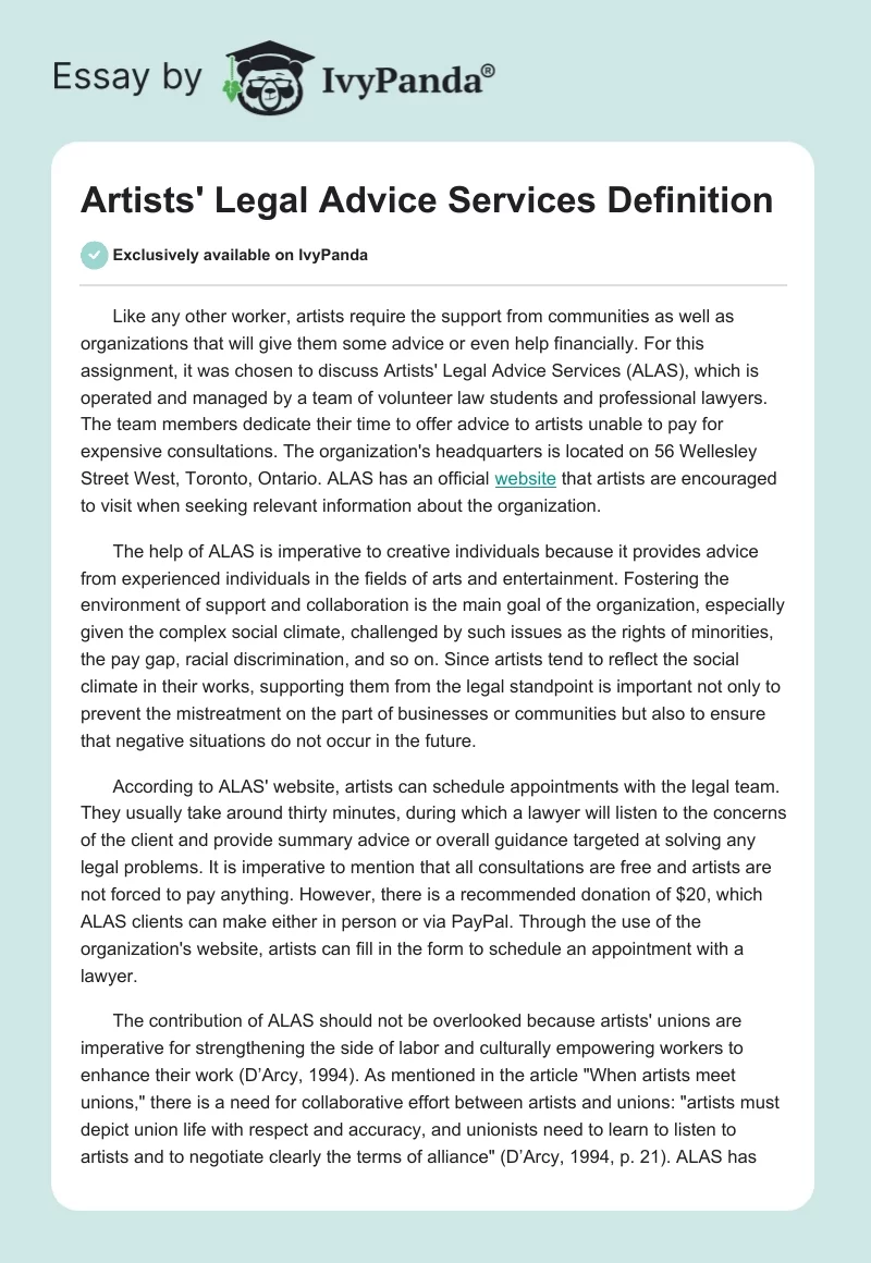 Artists' Legal Advice Services Definition. Page 1