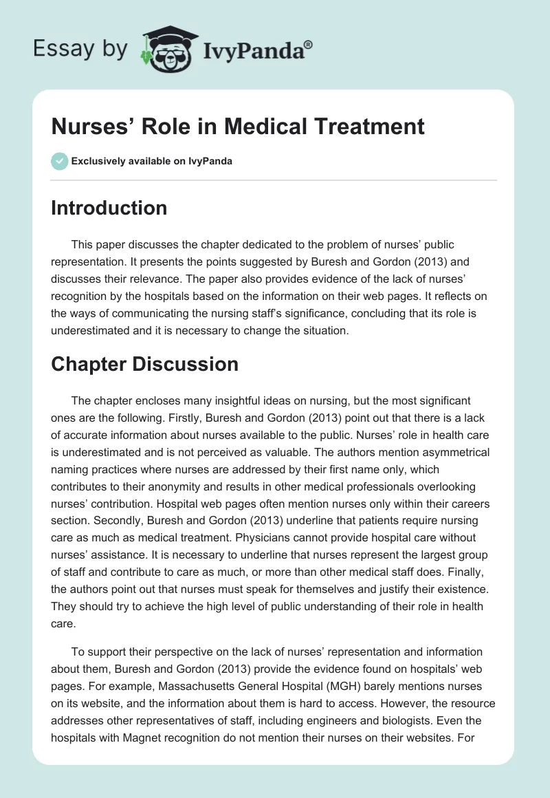 Nurses’ Role in Medical Treatment. Page 1