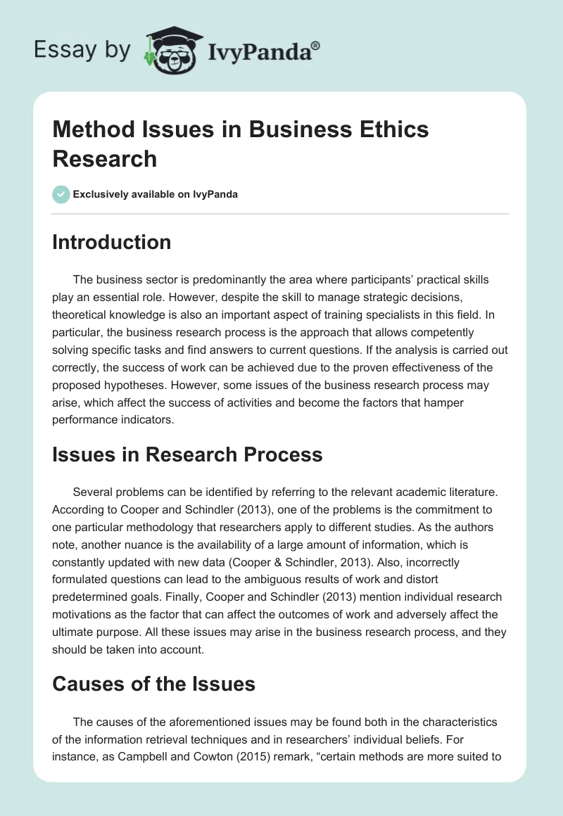 Method Issues in Business Ethics Research. Page 1