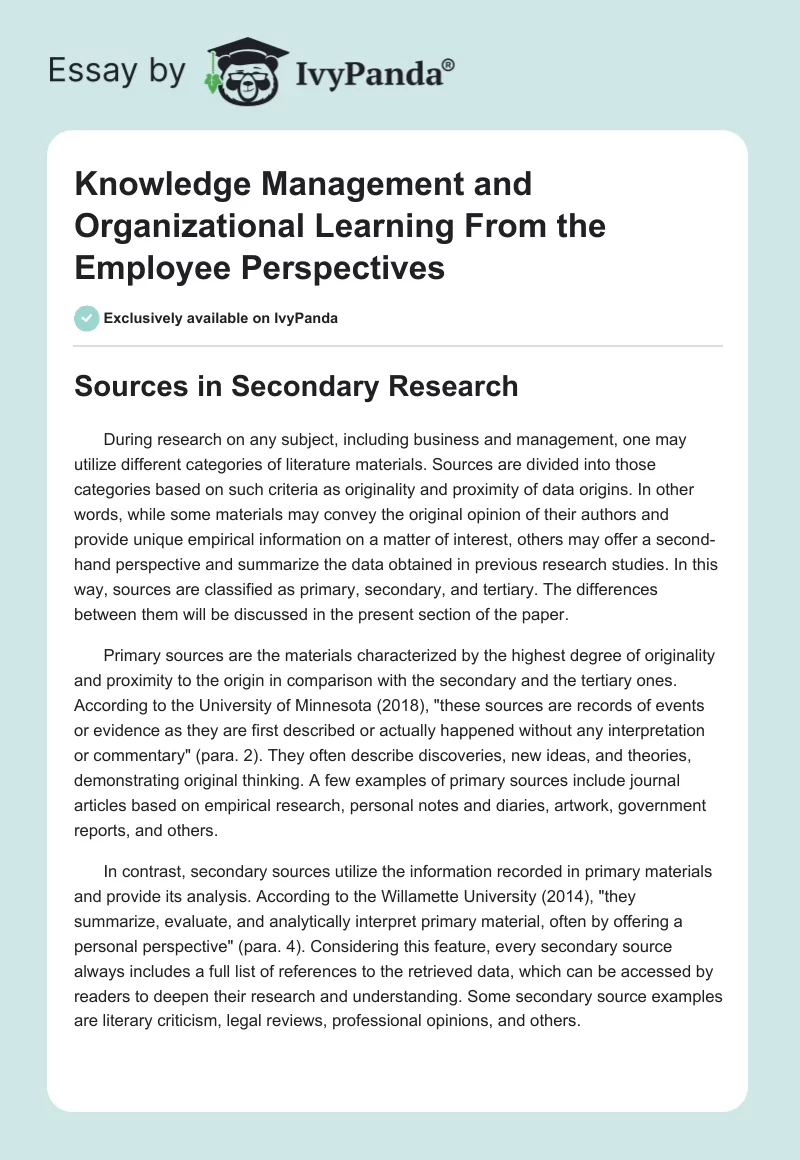 Knowledge Management and Organizational Learning From the Employee Perspectives. Page 1