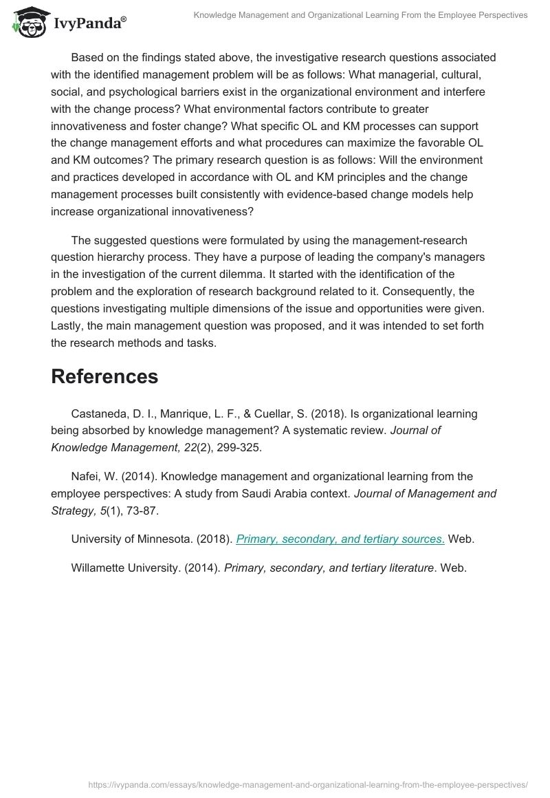 Knowledge Management and Organizational Learning From the Employee Perspectives. Page 3
