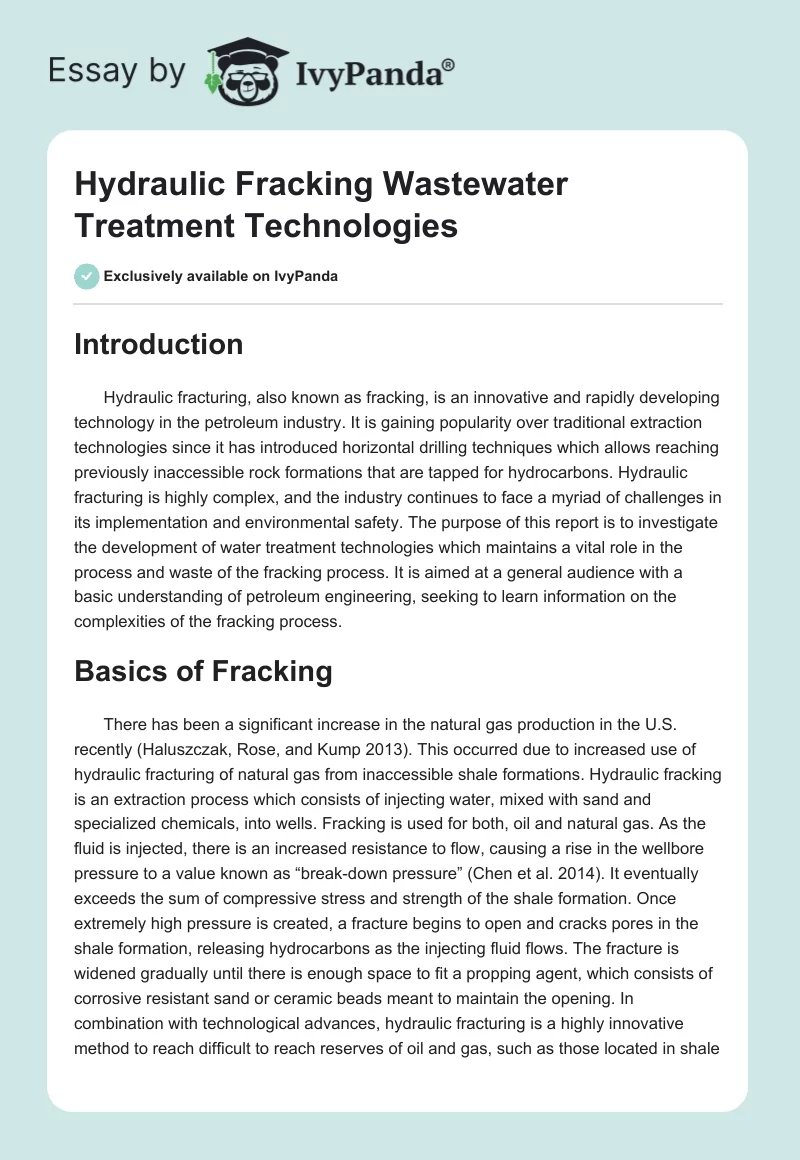 Hydraulic Fracking Wastewater Treatment Technologies. Page 1