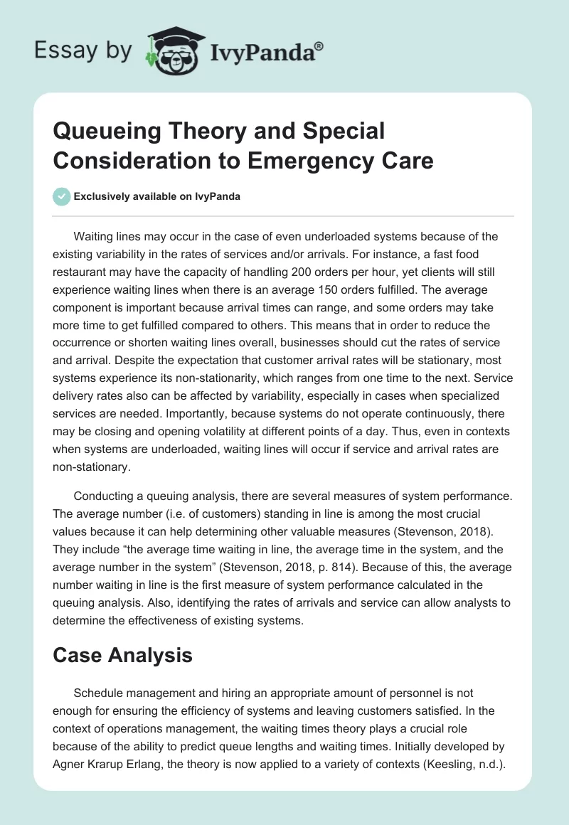 Queueing Theory and Special Consideration to Emergency Care. Page 1