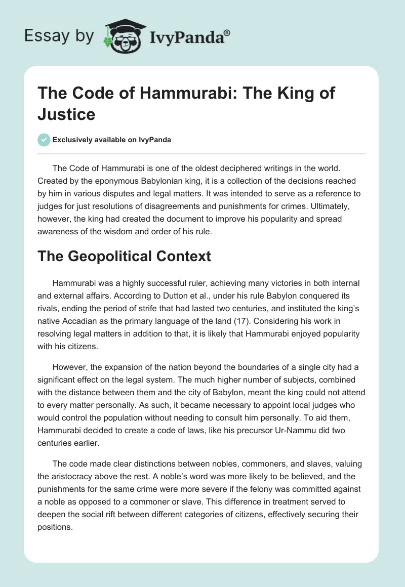The Code of Hammurabi: The King of Justice. Page 1