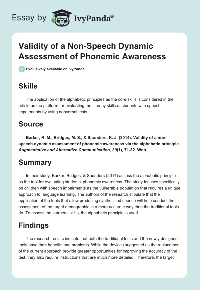 Validity of a Non-Speech Dynamic Assessment of Phonemic Awareness. Page 1