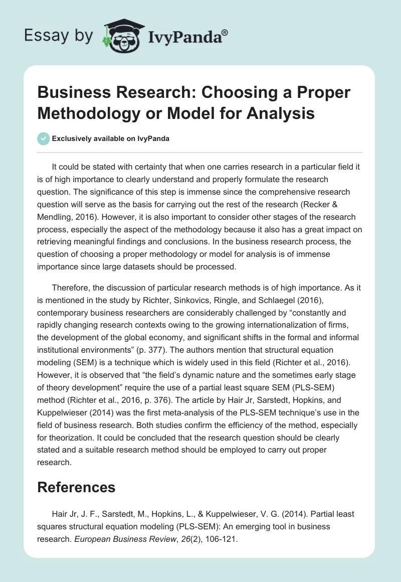 Business Research: Choosing a Proper Methodology or Model for Analysis. Page 1