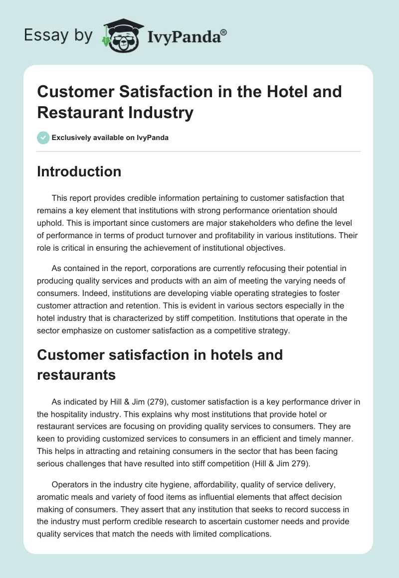 Customer Satisfaction in the Hotel and Restaurant Industry. Page 1