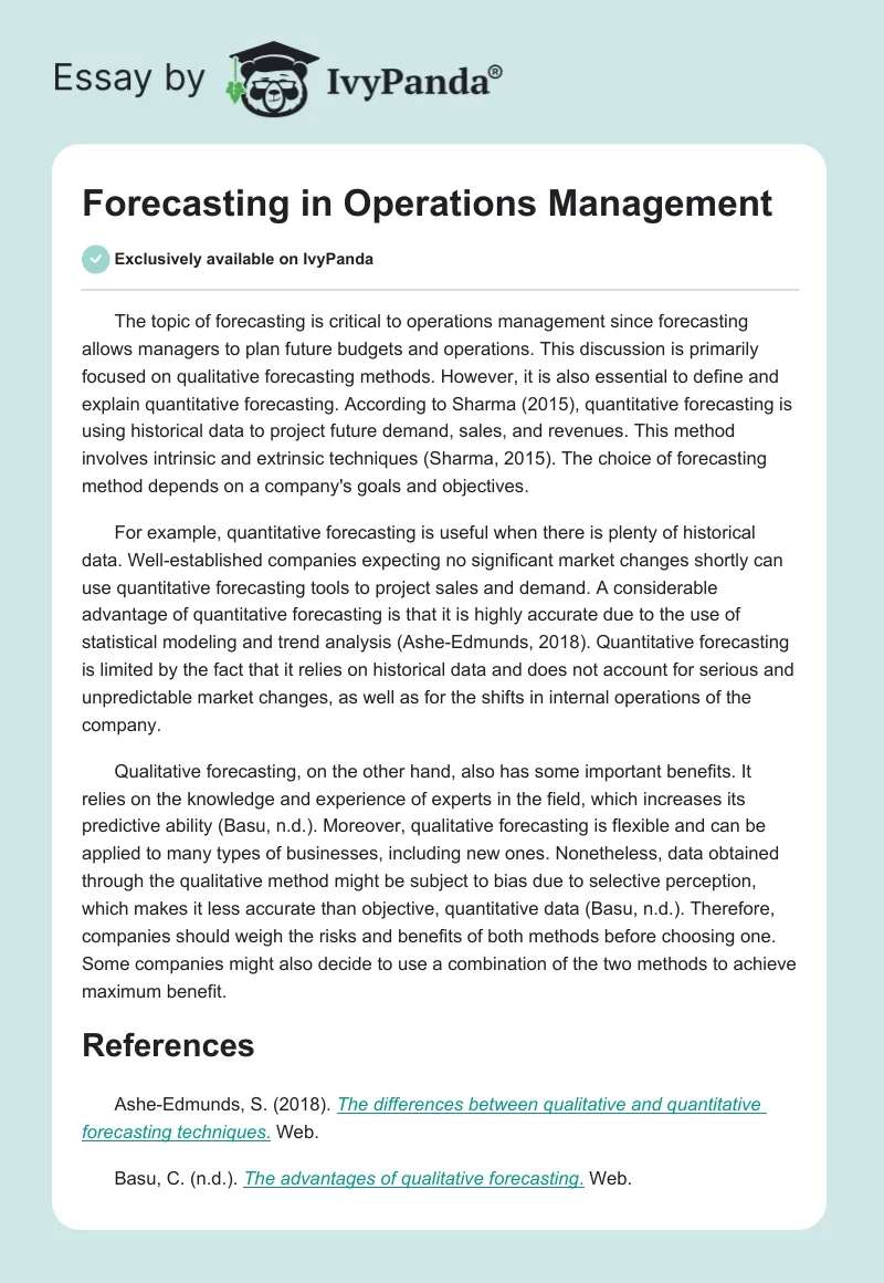 Forecasting in Operations Management. Page 1