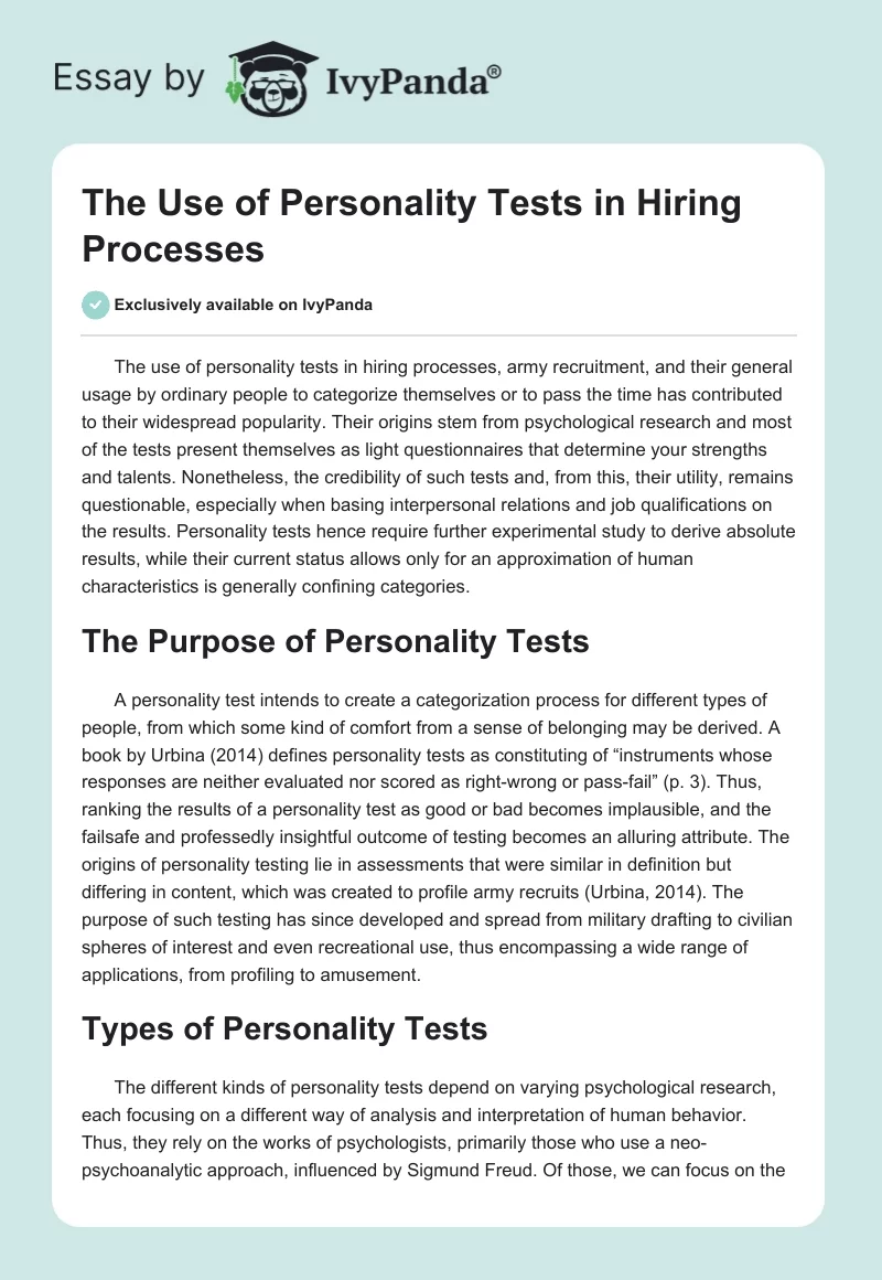 The Use of Personality Tests in Hiring Processes. Page 1