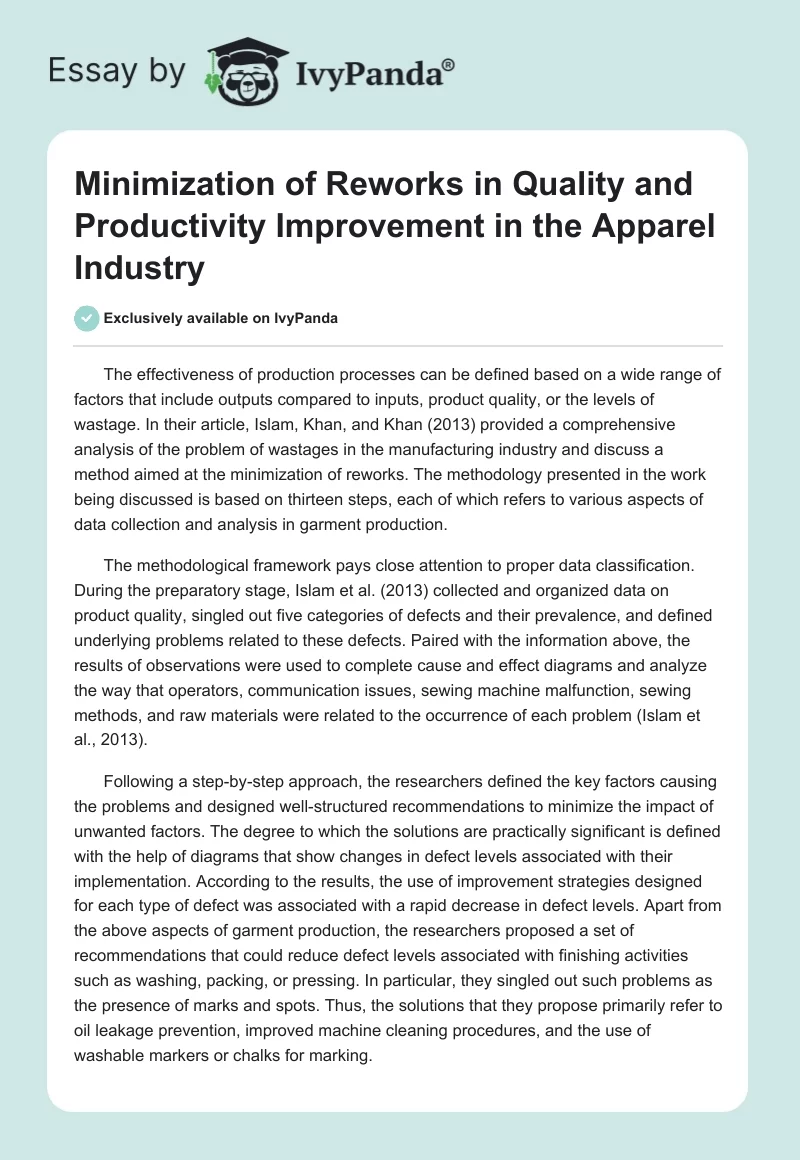 Minimization of Reworks in Quality and Productivity Improvement in the Apparel Industry. Page 1