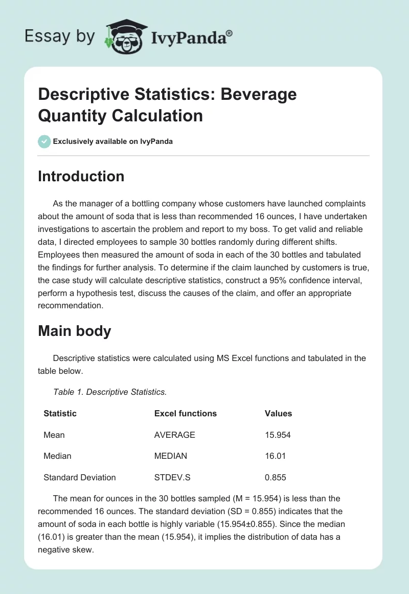 Descriptive Statistics: Beverage Quantity Calculation. Page 1