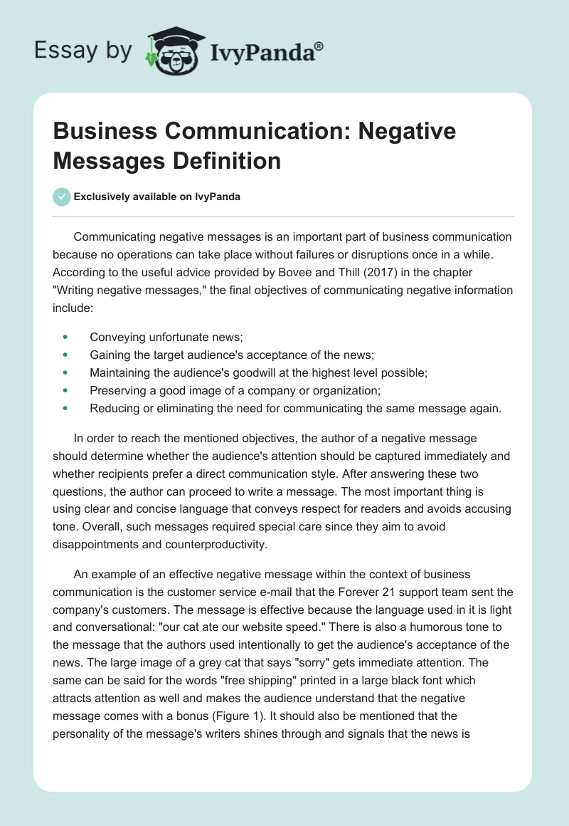 Business Communication: Negative Messages Definition. Page 1
