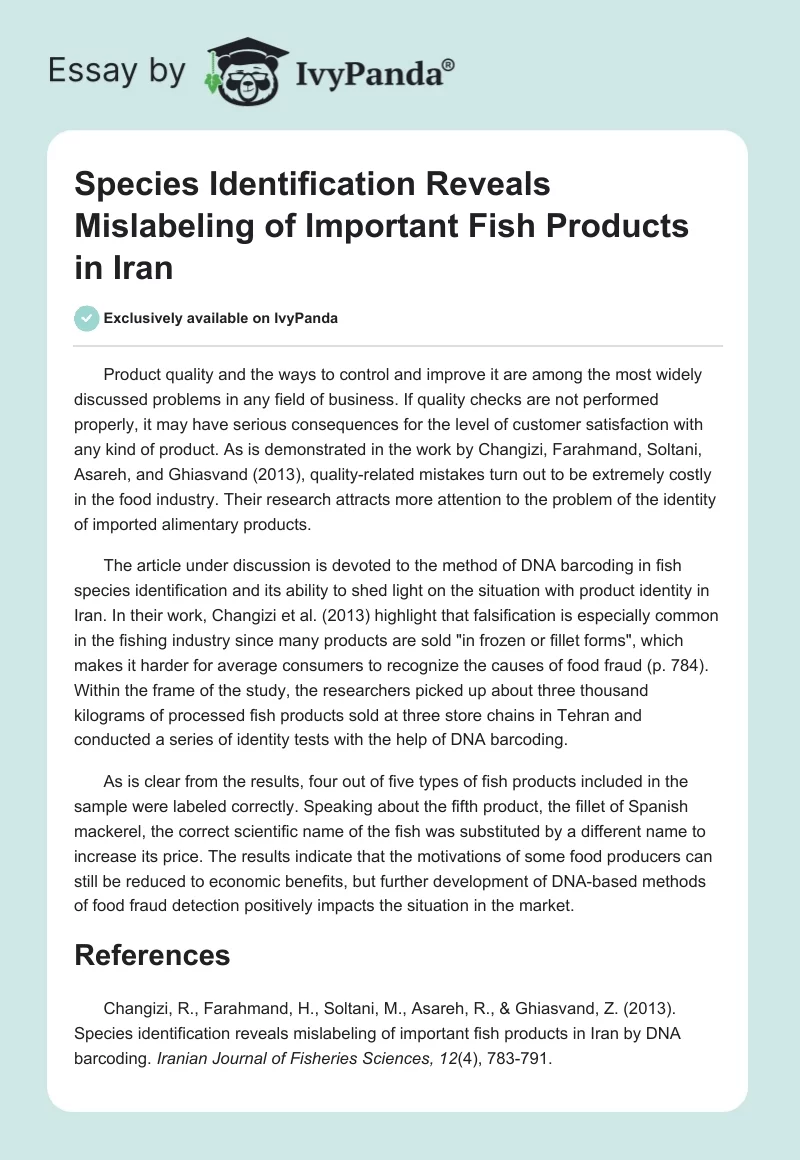 Species Identification Reveals Mislabeling of Important Fish Products in Iran. Page 1