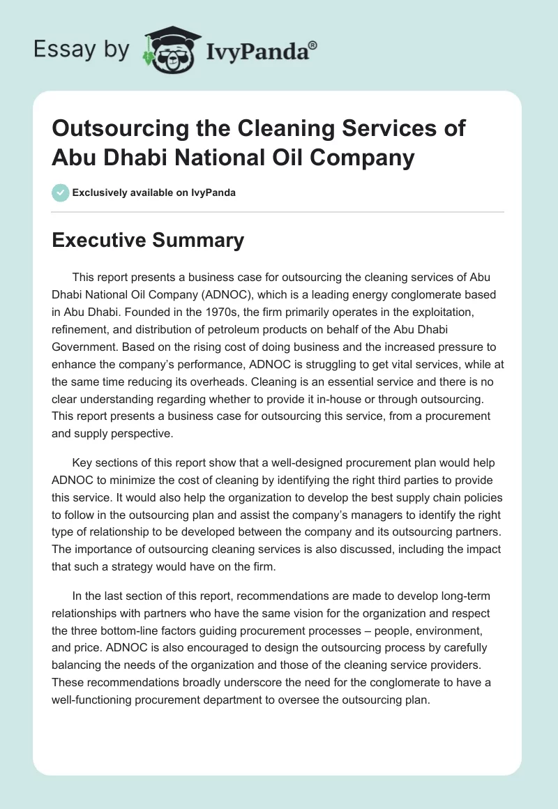 Outsourcing the Cleaning Services of Abu Dhabi National Oil Company. Page 1