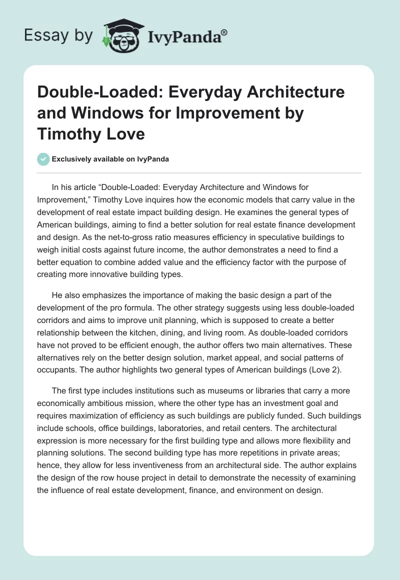 "Double-Loaded: Everyday Architecture and Windows for Improvement" by Timothy Love. Page 1