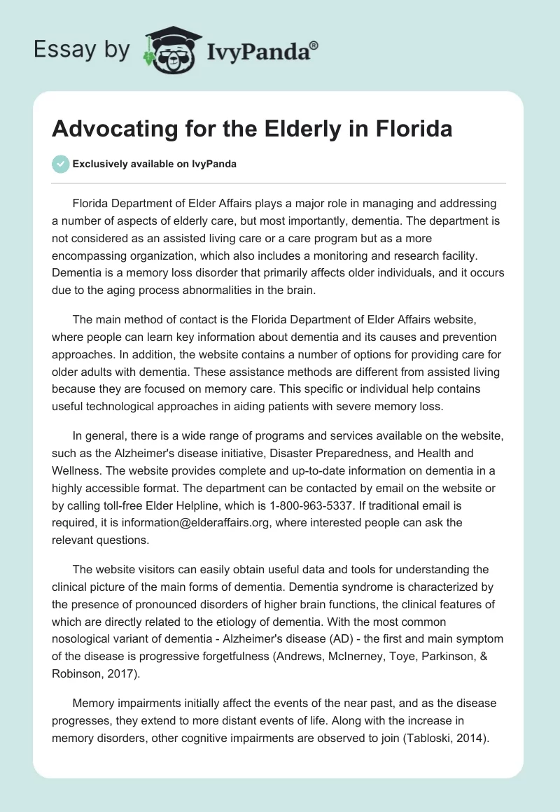Advocating for the Elderly in Florida. Page 1