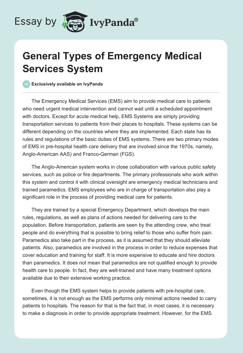 General Types of Emergency Medical Services System. Page 1