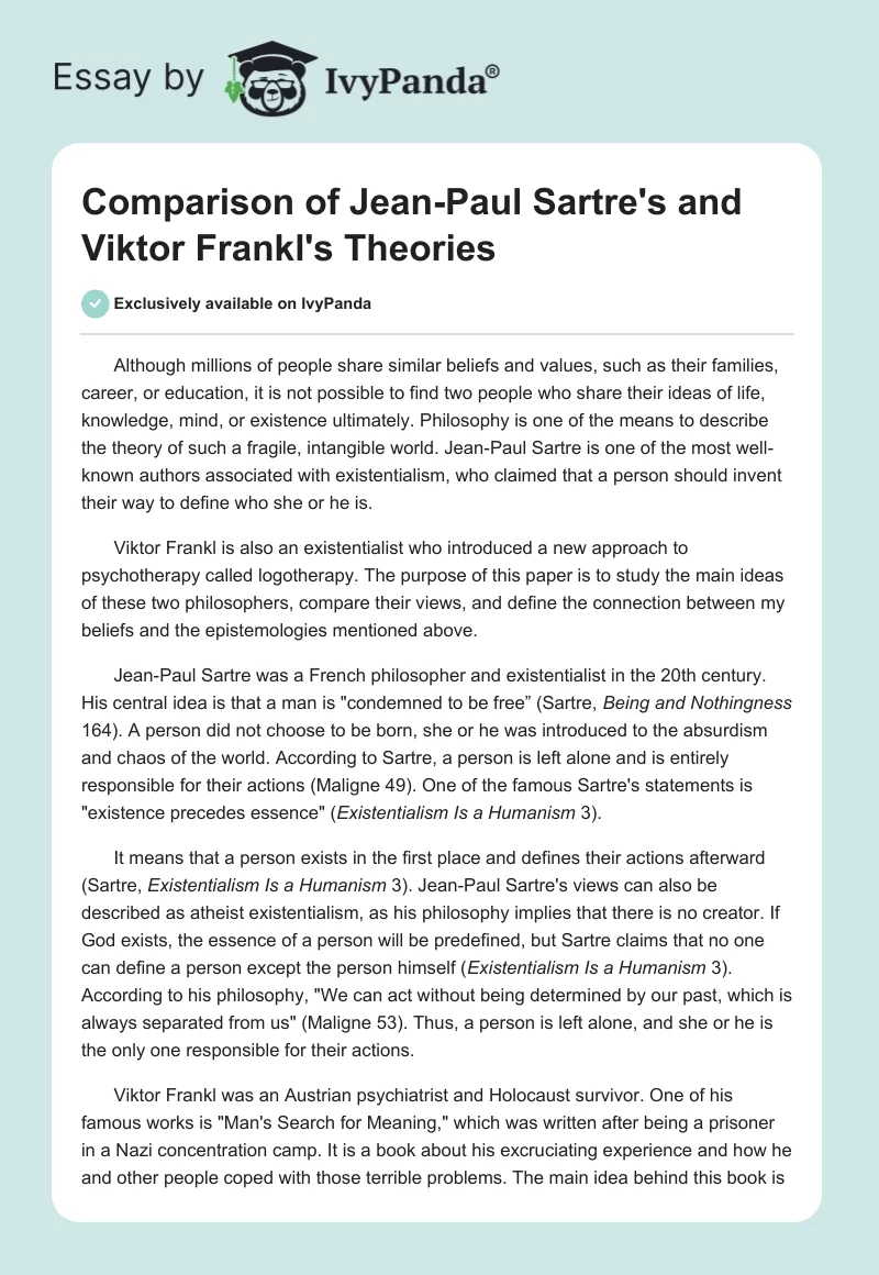 Comparison of Jean-Paul Sartre's and Viktor Frankl's Theories. Page 1