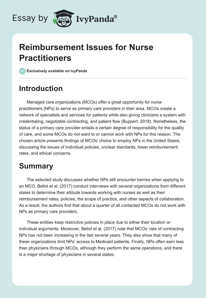 Reimbursement Issues for Nurse Practitioners. Page 1