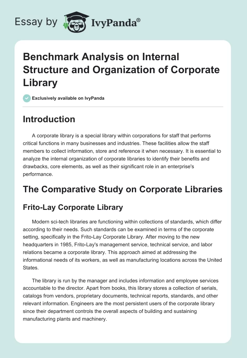 Benchmark Analysis on Internal Structure and Organization of Corporate Library. Page 1