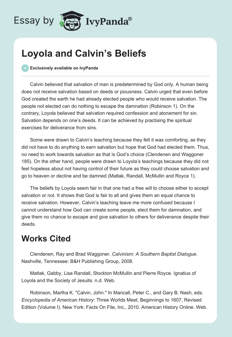 Loyola and Calvin’s Beliefs. Page 1