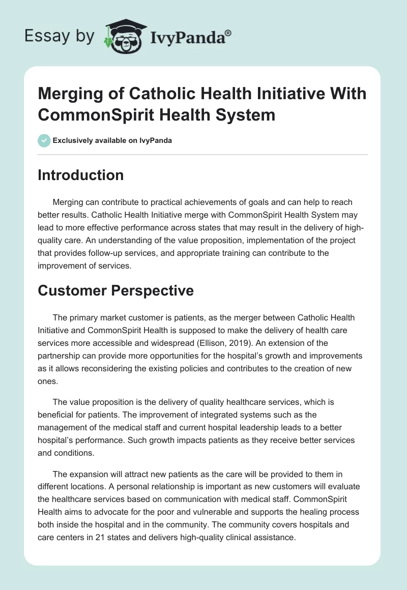 Merging of Catholic Health Initiative With CommonSpirit Health System. Page 1