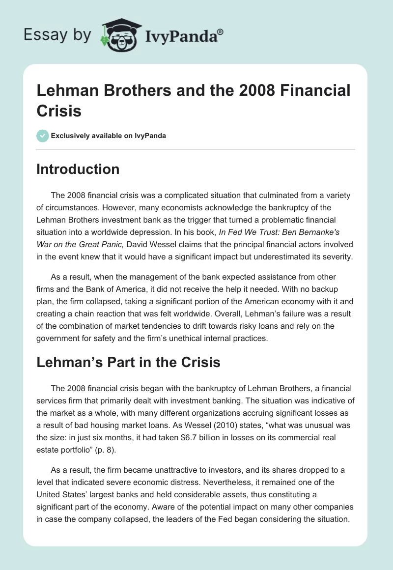 Lehman Brothers and the 2008 Financial Crisis. Page 1