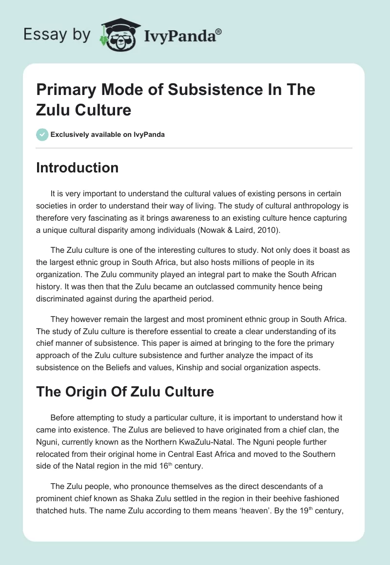 Primary Mode of Subsistence in the Zulu Culture. Page 1