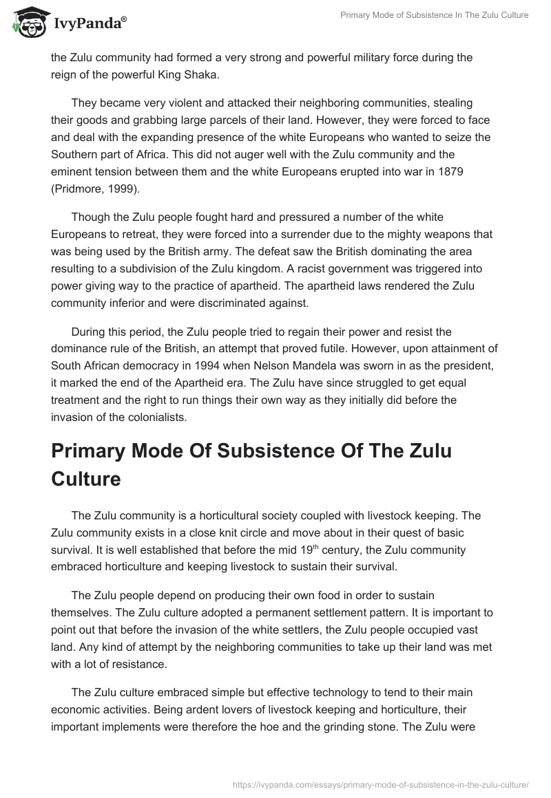 Primary Mode of Subsistence in the Zulu Culture. Page 2