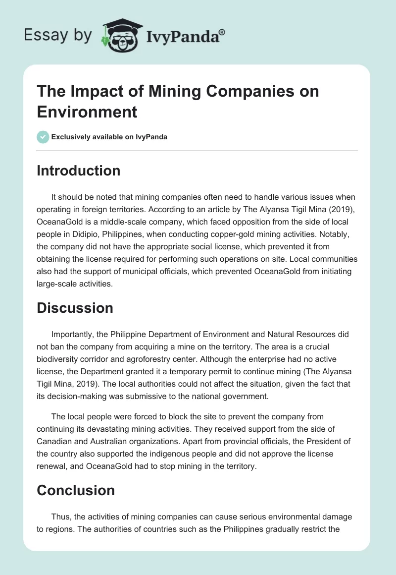 The Impact of Mining Companies on Environment. Page 1