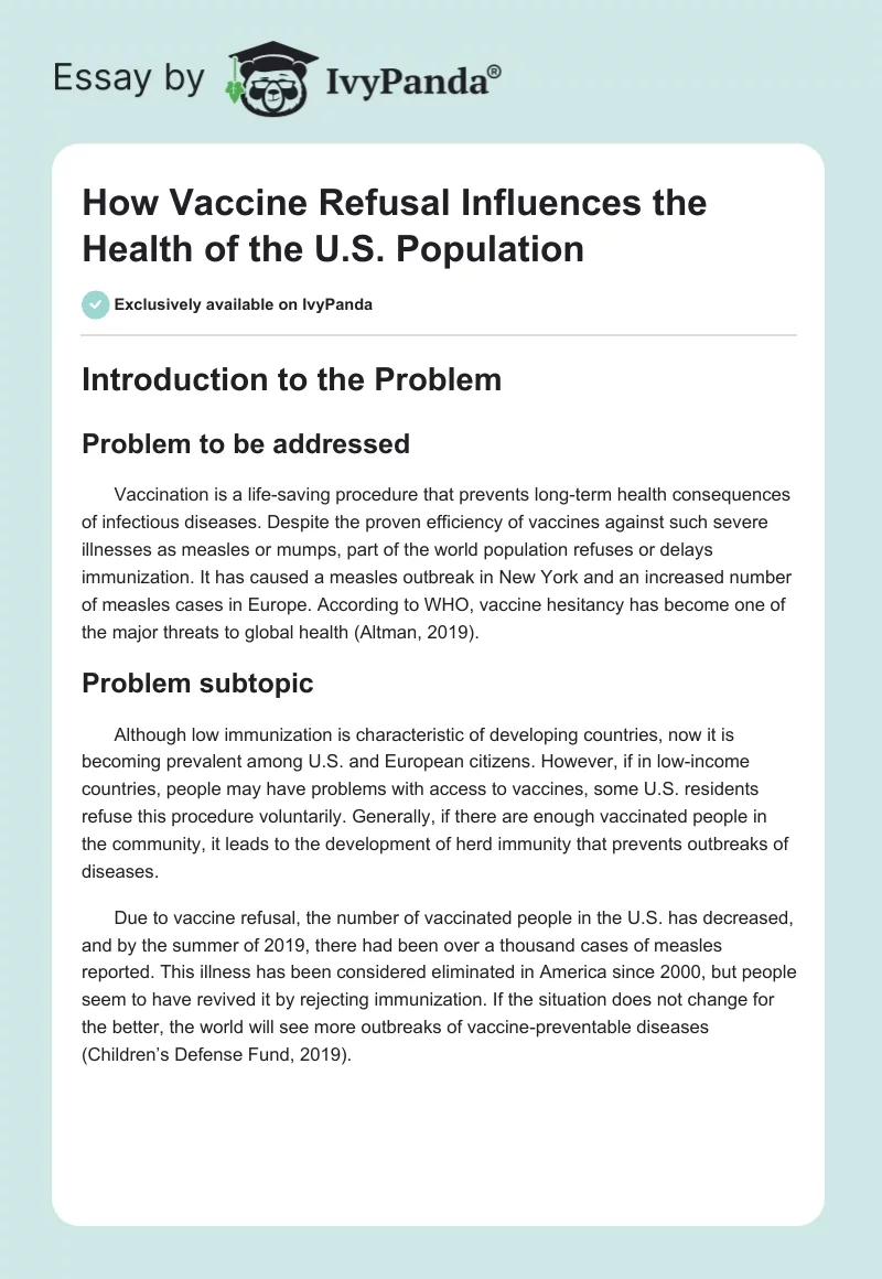 How Vaccine Refusal Influences the Health of the U.S. Population. Page 1
