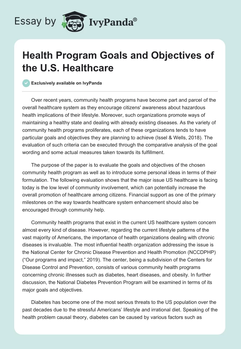 Health Program Goals and Objectives of the U.S. Healthcare. Page 1