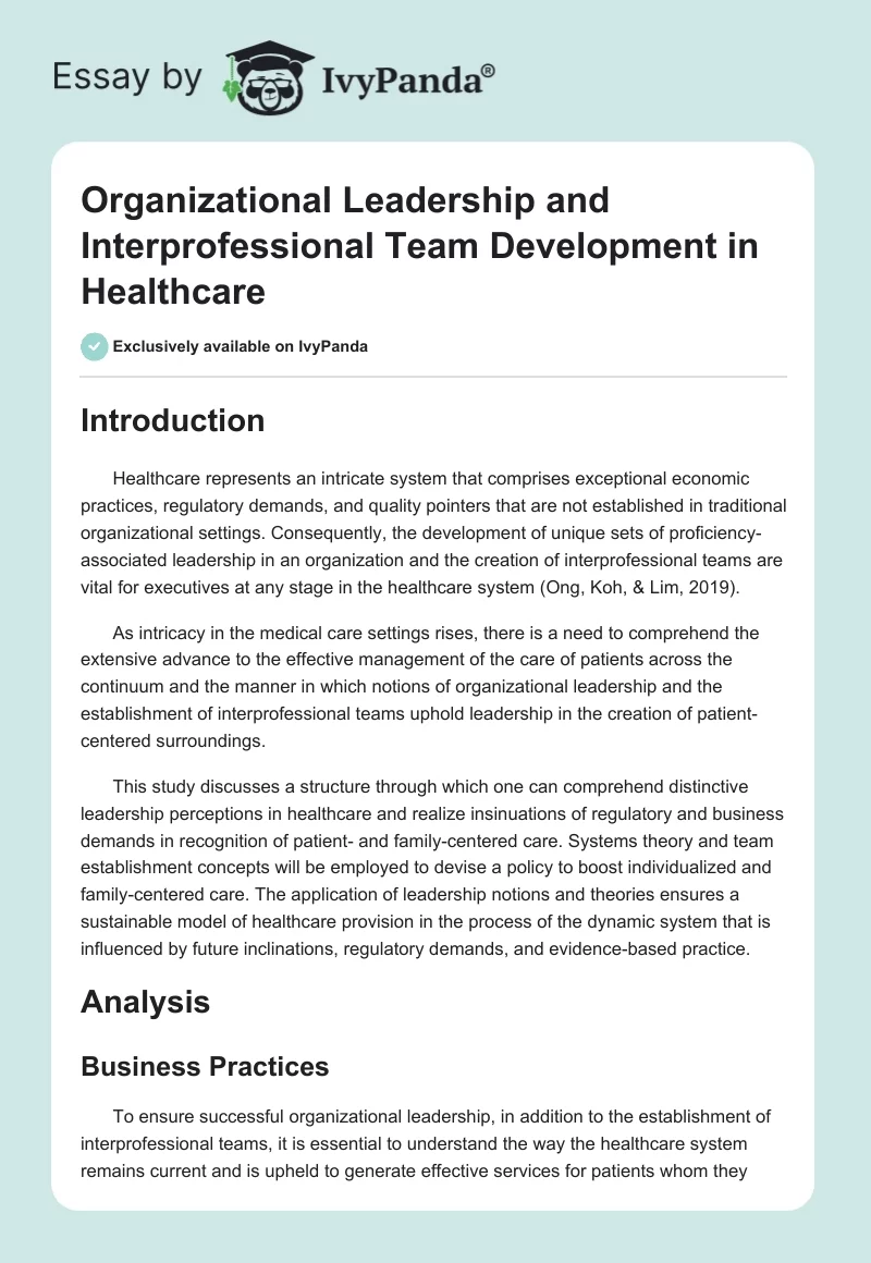 Organizational Leadership and Interprofessional Team Development in Healthcare. Page 1
