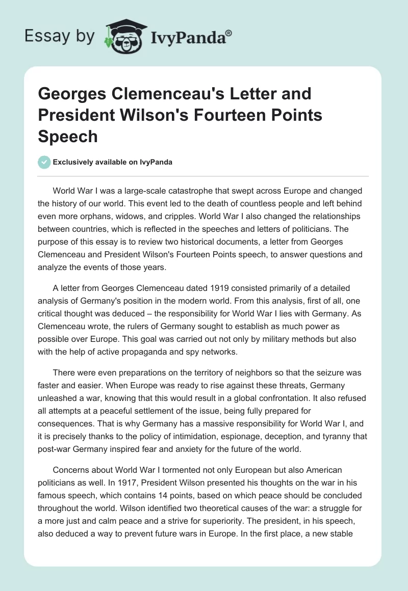 Georges Clemenceau's Letter and President Wilson's Fourteen Points Speech. Page 1