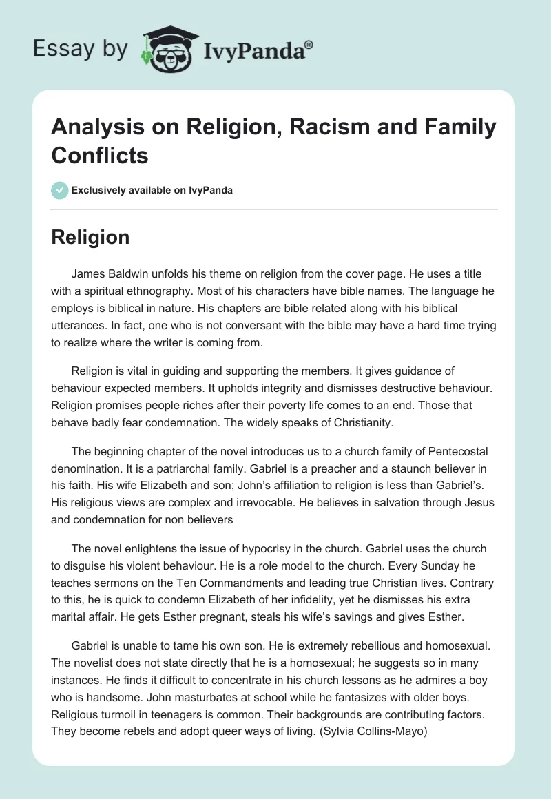 Analysis on Religion, Racism and Family Conflicts. Page 1