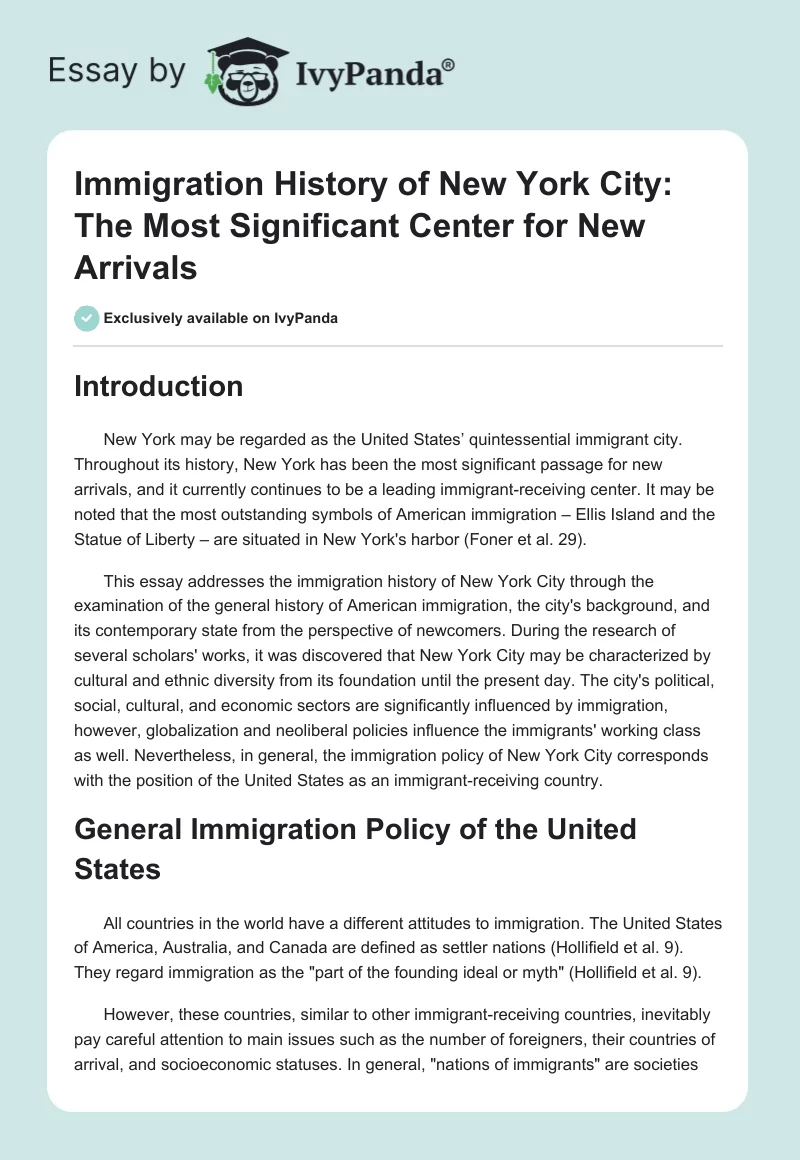 Immigration History of New York City: The Most Significant Center for New Arrivals. Page 1
