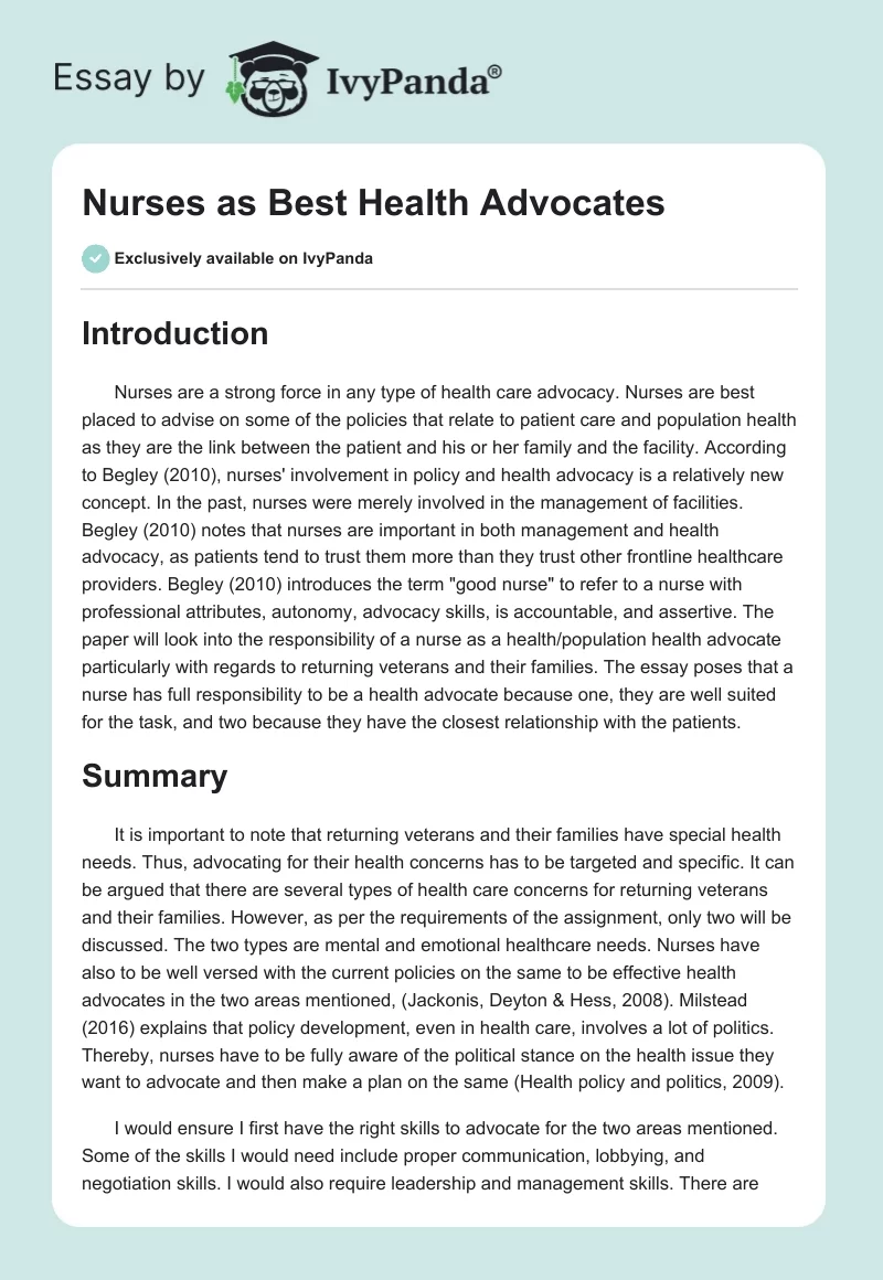 Nurses as Best Health Advocates. Page 1