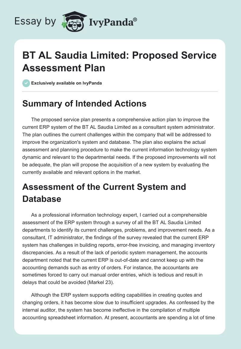 BT AL Saudia Limited: Proposed Service Assessment Plan. Page 1