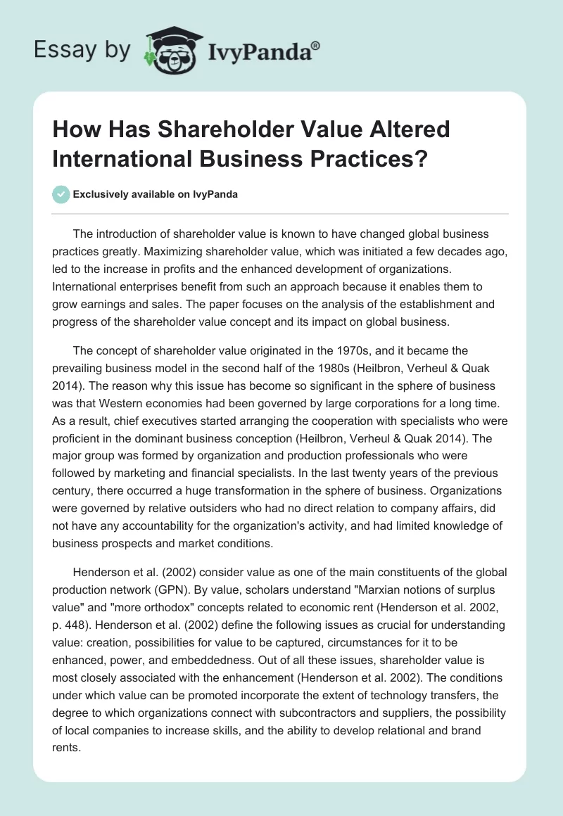 How Has "Shareholder Value" Altered International Business Practices?. Page 1