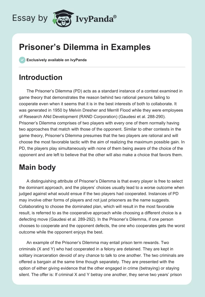 Prisoner’s Dilemma in Examples. Page 1